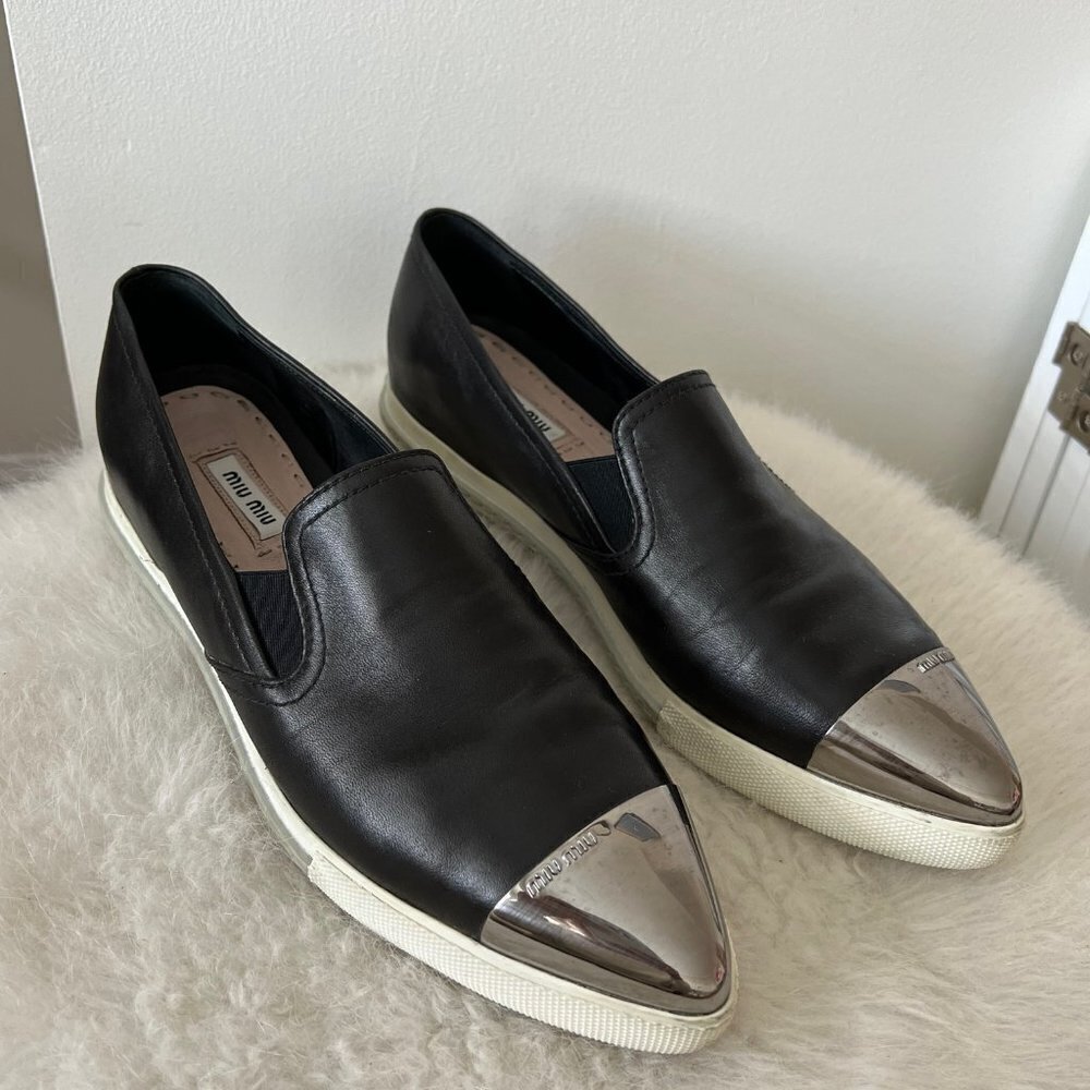 Miu Miu | Black Leather Metal Cap Toe Slip On Sneaker Shoes |  39